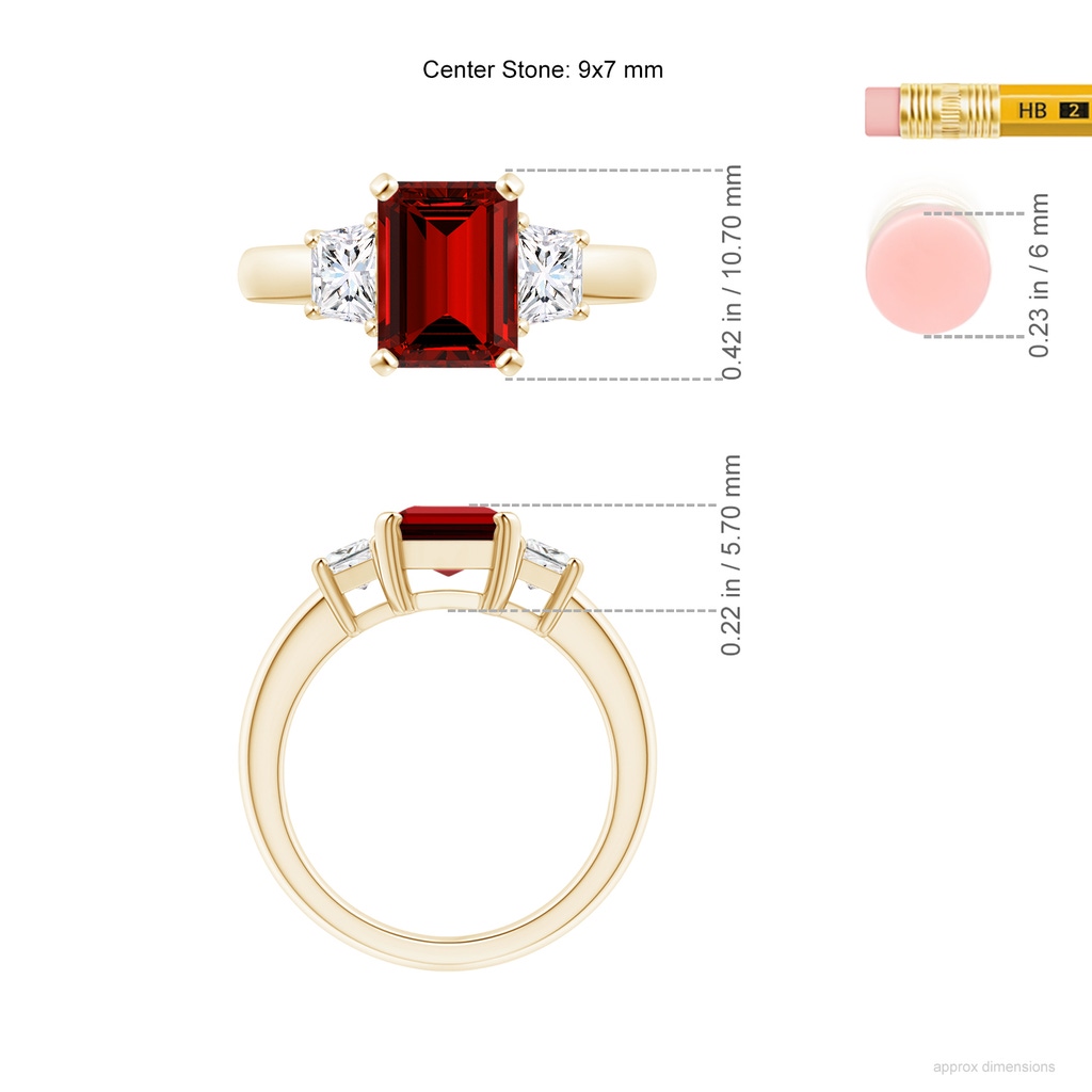 9x7mm Labgrown Lab-Grown Ruby and Diamond Three Stone Ring in Yellow Gold ruler