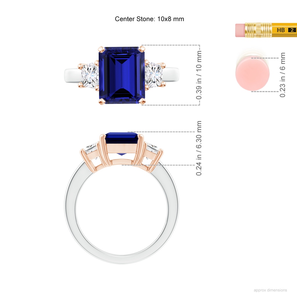 10x8mm Labgrown Lab-Grown Blue Sapphire and Diamond Three Stone Ring in White Gold Rose Gold ruler