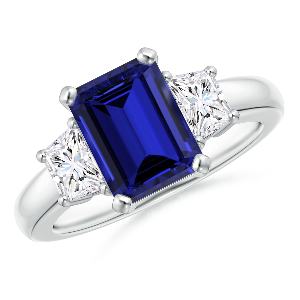 9x7mm Labgrown Lab-Grown Blue Sapphire and Diamond Three Stone Ring in White Gold 