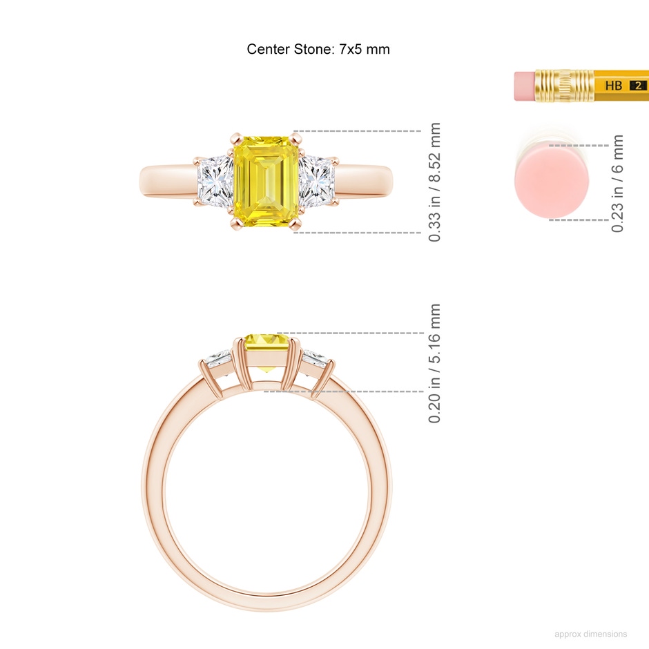 7x5mm Labgrown Lab-Grown Fancy Intense Yellow and White Diamond Three Stone Ring in Rose Gold ruler