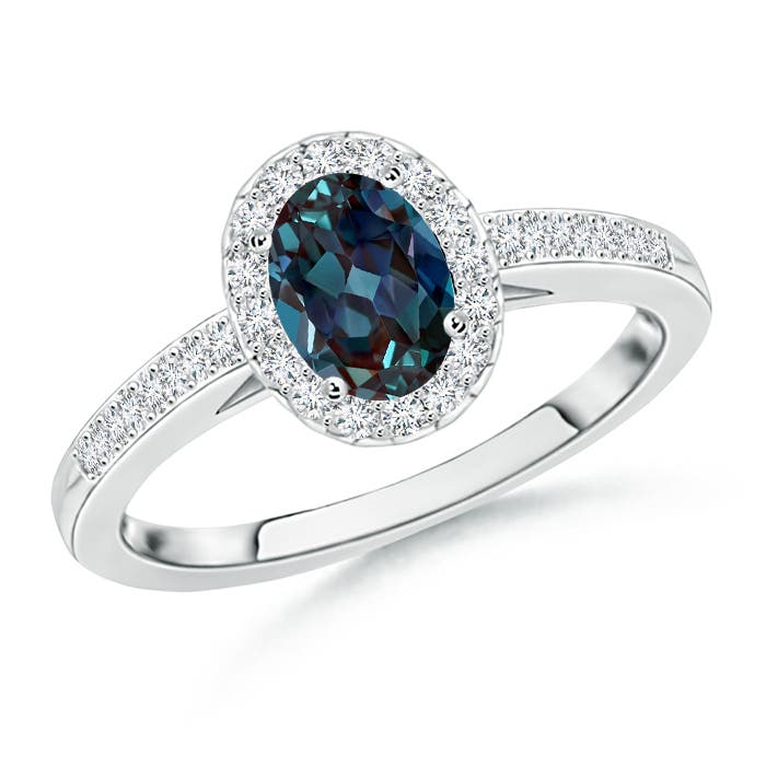 7x5mm Labgrown Classic Oval Lab-Grown Alexandrite Halo Ring with Diamond Accents in 18K White Gold