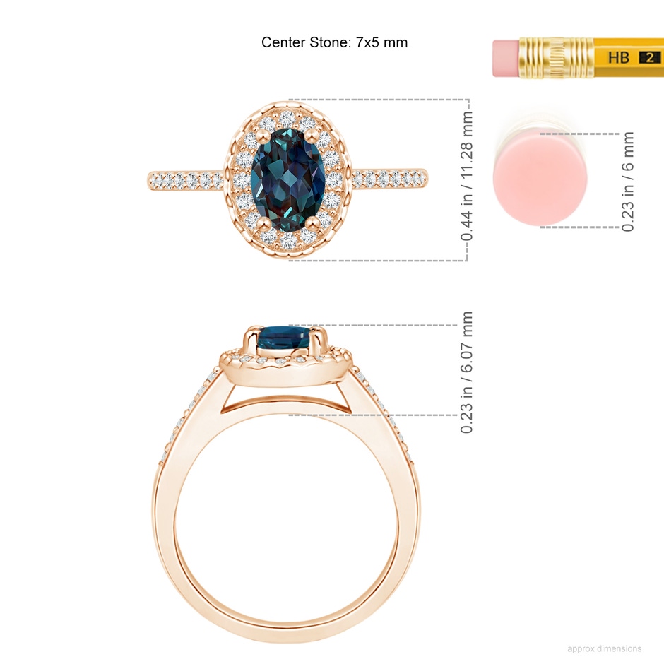 7x5mm Labgrown Classic Oval Lab-Grown Alexandrite Halo Ring with Diamond Accents in Rose Gold ruler