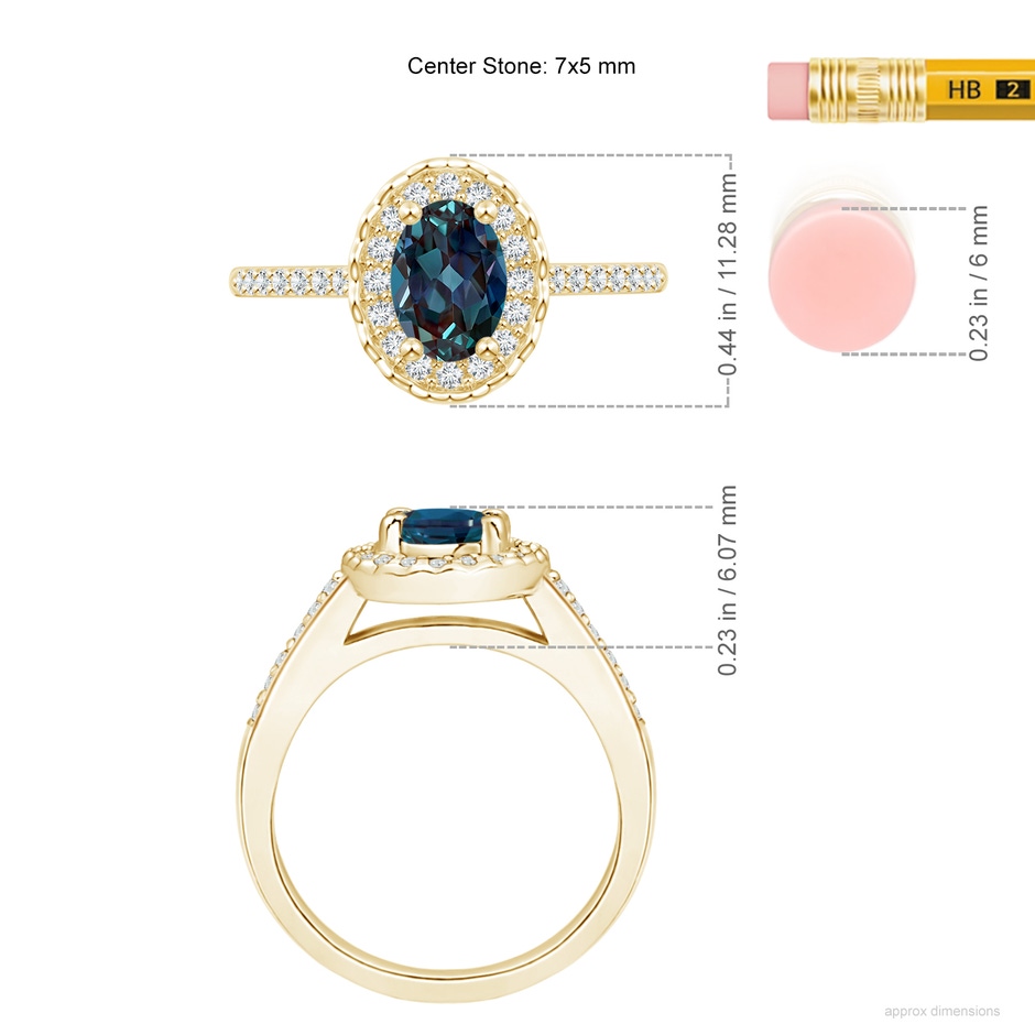 7x5mm Labgrown Classic Oval Lab-Grown Alexandrite Halo Ring with Diamond Accents in Yellow Gold ruler