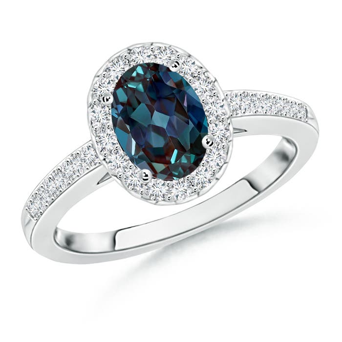8x6mm Labgrown Classic Oval Lab-Grown Alexandrite Halo Ring with Diamond Accents in 18K White Gold
