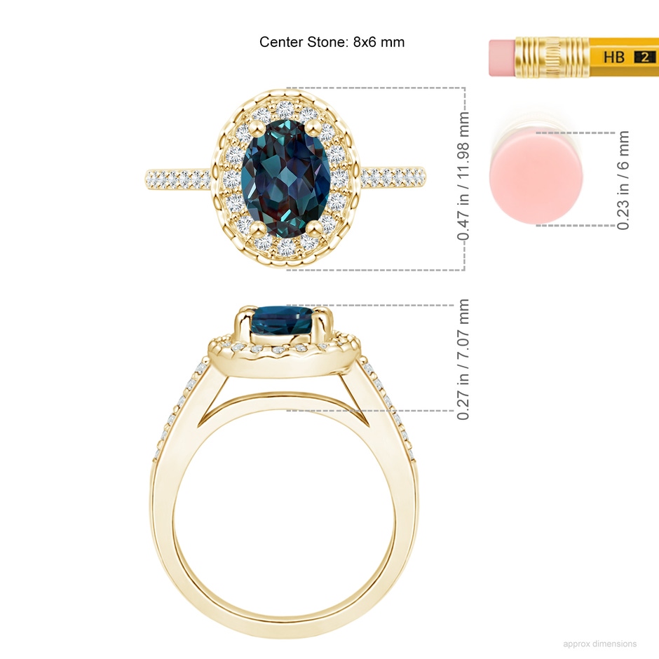 8x6mm Labgrown Classic Oval Lab-Grown Alexandrite Halo Ring with Diamond Accents in Yellow Gold ruler