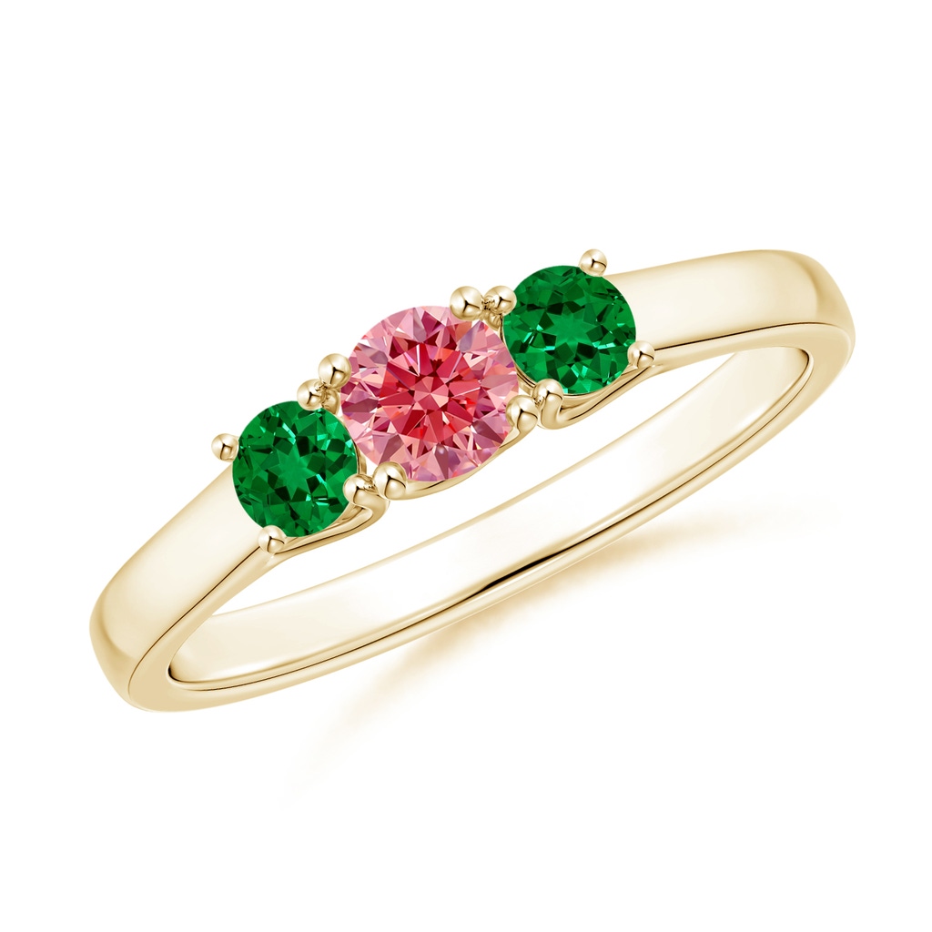 4mm Labgrown Classic Round Lab-Grown Fancy Intense Pink Diamond Three Stone Ring in Yellow Gold