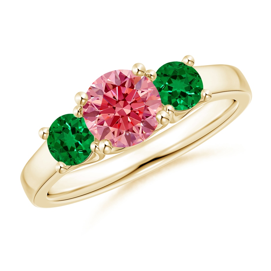 6mm Labgrown Classic Round Lab-Grown Fancy Intense Pink Diamond Three Stone Ring in Yellow Gold 