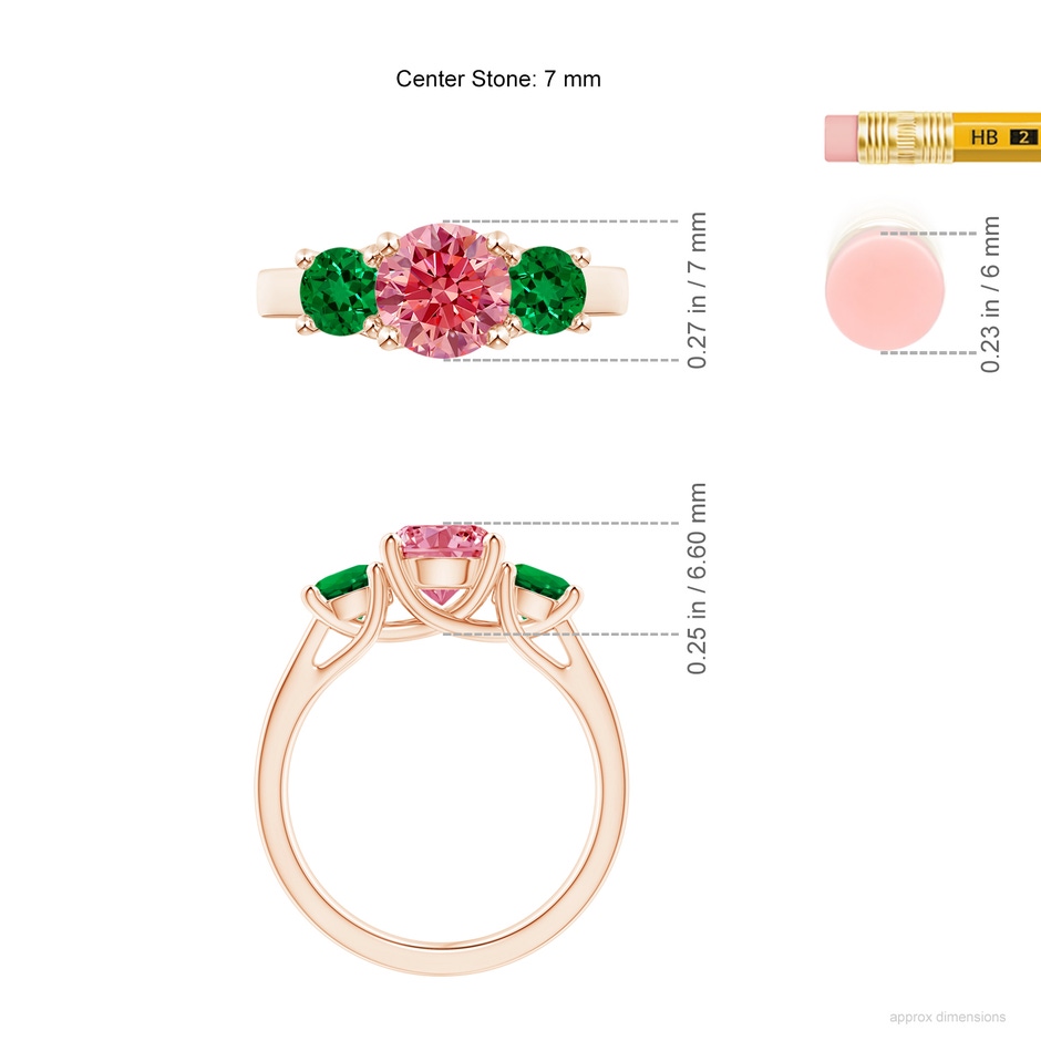 7mm Labgrown Classic Round Lab-Grown Fancy Intense Pink Diamond Three Stone Ring in Rose Gold ruler