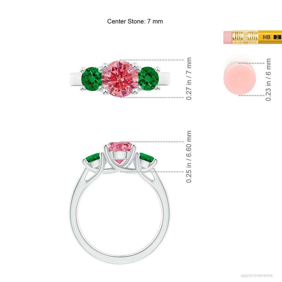 7mm Labgrown Classic Round Lab-Grown Fancy Intense Pink Diamond Three Stone Ring in White Gold ruler