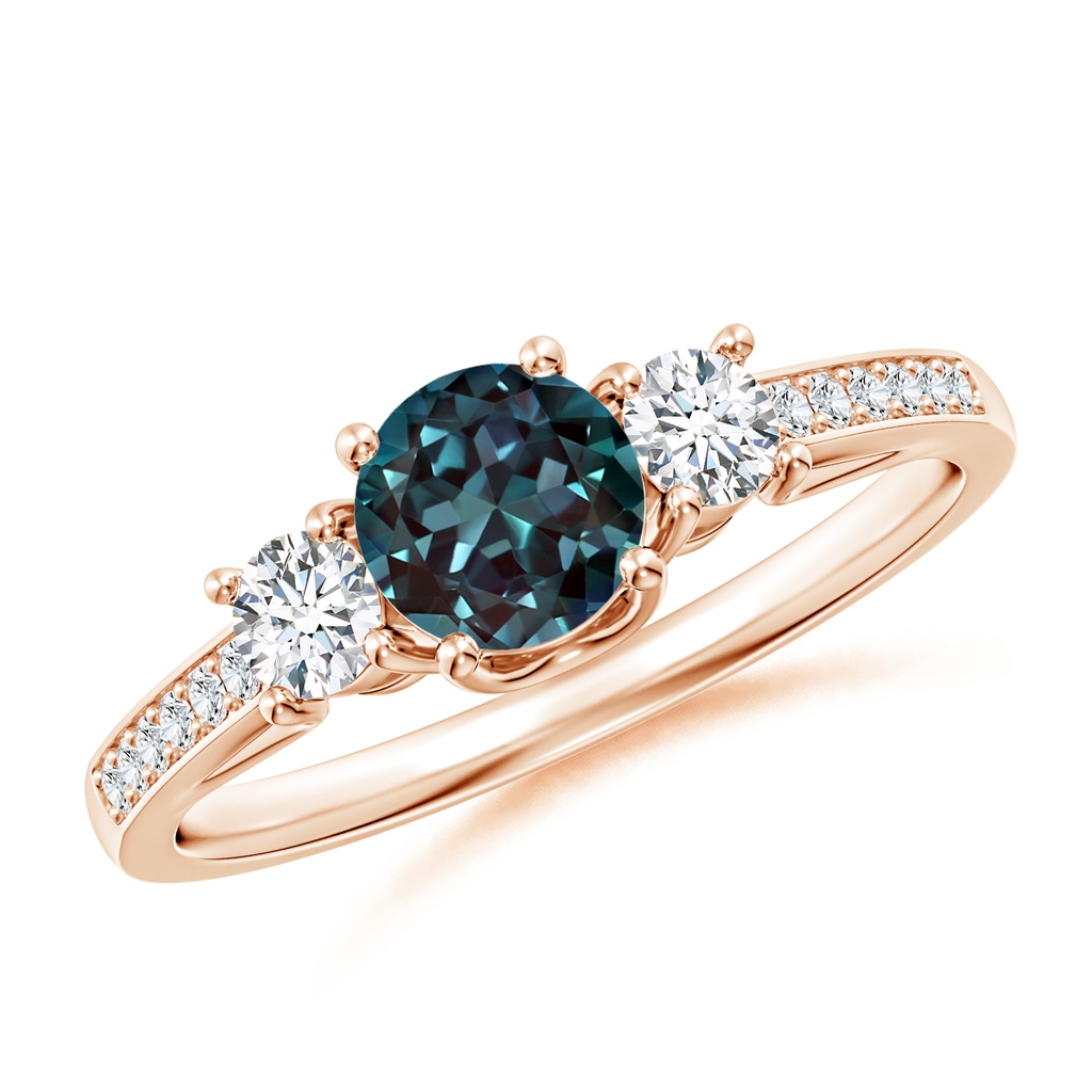 5mm Labgrown Classic Prong Set Round Lab-Grown Alexandrite and Diamond Three Stone Ring in Rose Gold