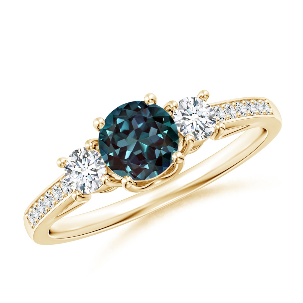 5mm Labgrown Classic Prong Set Round Lab-Grown Alexandrite and Diamond Three Stone Ring in Yellow Gold