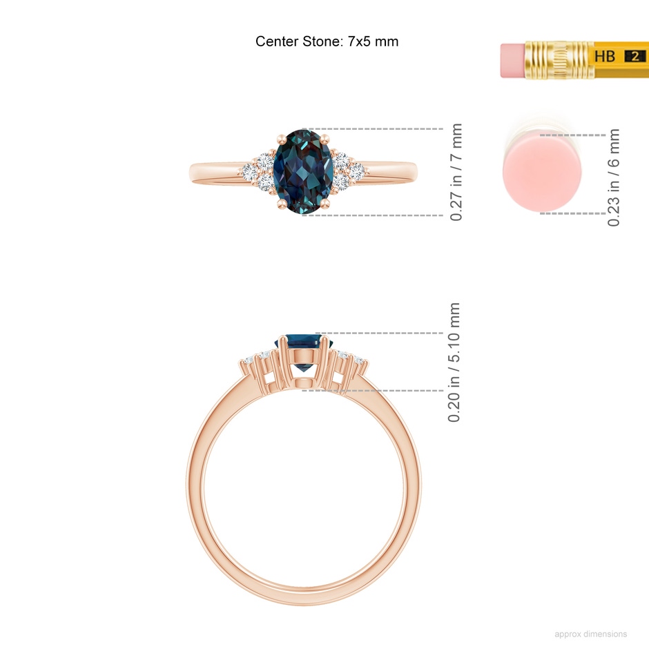 7x5mm Labgrown Solitaire Oval Lab-Grown Alexandrite Ring with Trio Diamond Accents in Rose Gold ruler