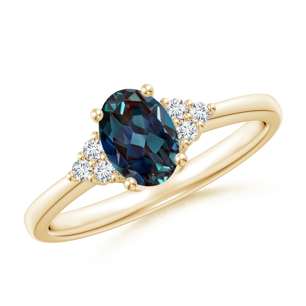 7x5mm Labgrown Solitaire Oval Lab-Grown Alexandrite Ring with Trio Diamond Accents in Yellow Gold