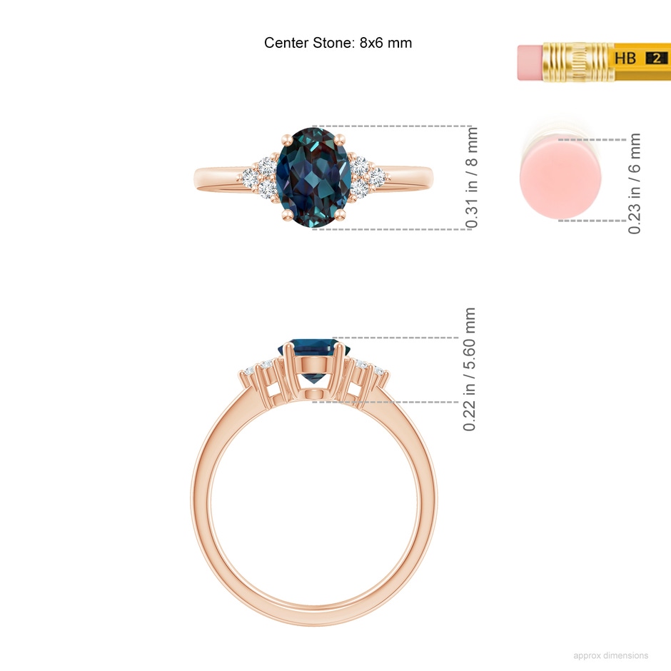 8x6mm Labgrown Solitaire Oval Lab-Grown Alexandrite Ring with Trio Diamond Accents in 18K Rose Gold ruler
