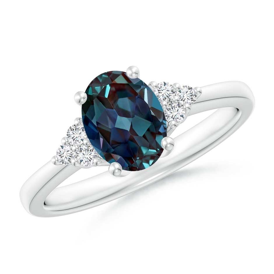 8x6mm Labgrown Solitaire Oval Lab-Grown Alexandrite Ring with Trio Diamond Accents in 18K White Gold 