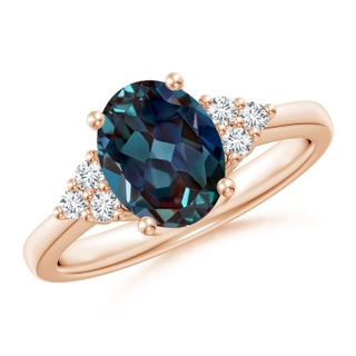 9x7mm Labgrown Solitaire Oval Lab-Grown Alexandrite Ring with Trio Diamond Accents in 18K Rose Gold