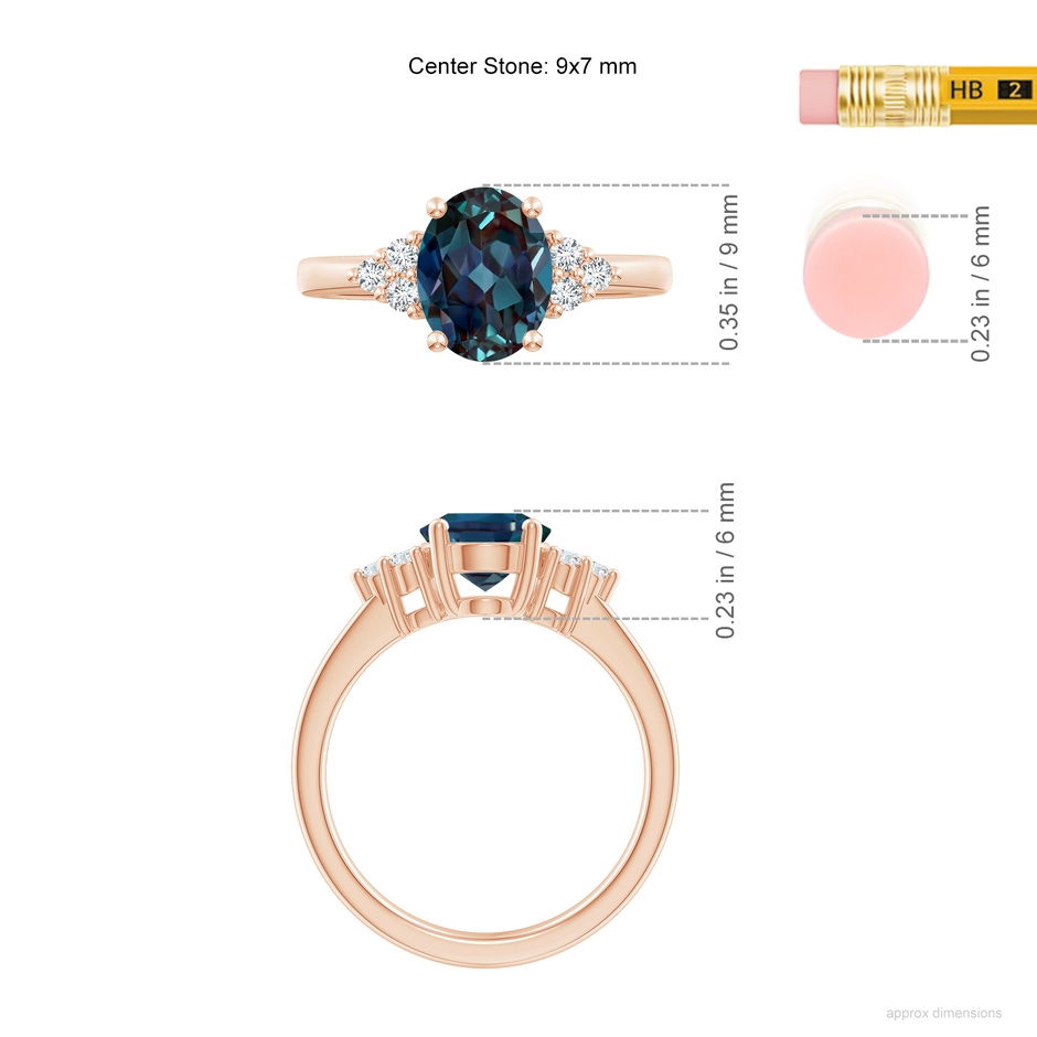 9x7mm Labgrown Solitaire Oval Lab-Grown Alexandrite Ring with Trio Diamond Accents in 18K Rose Gold ruler