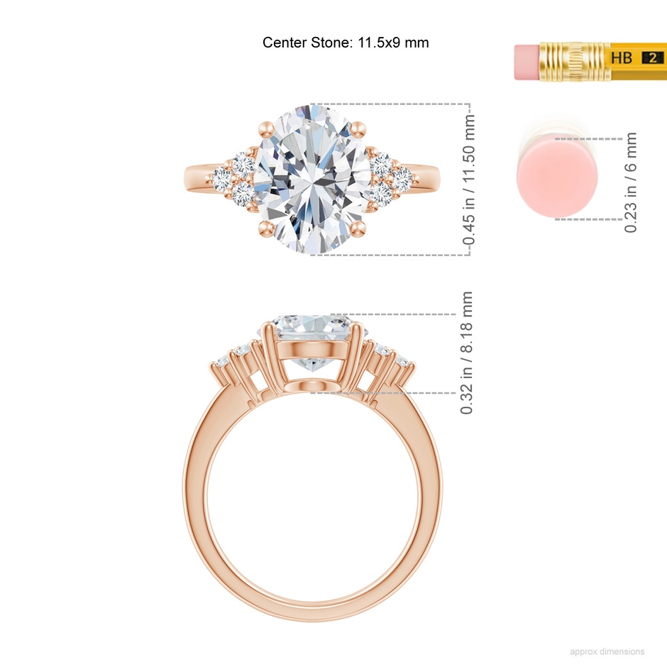 11.5x9mm FGVS Lab-Grown Solitaire Oval Diamond Ring with Trio Diamond Accents in Rose Gold ruler