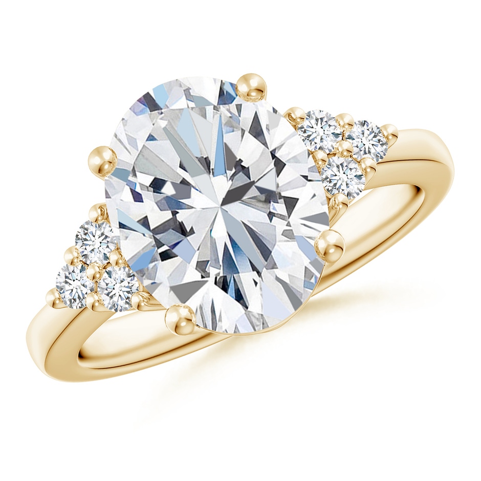 11.5x9mm FGVS Lab-Grown Solitaire Oval Diamond Ring with Trio Diamond Accents in Yellow Gold 