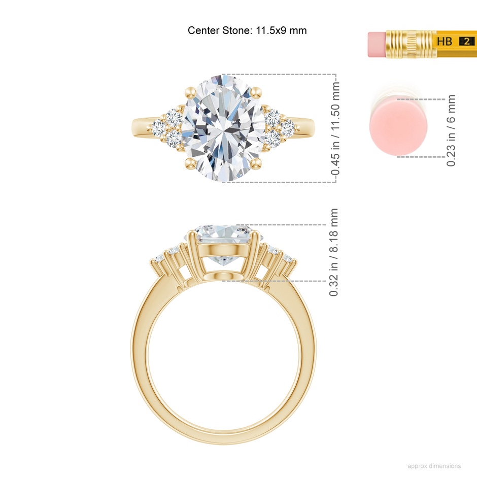 11.5x9mm FGVS Lab-Grown Solitaire Oval Diamond Ring with Trio Diamond Accents in Yellow Gold ruler