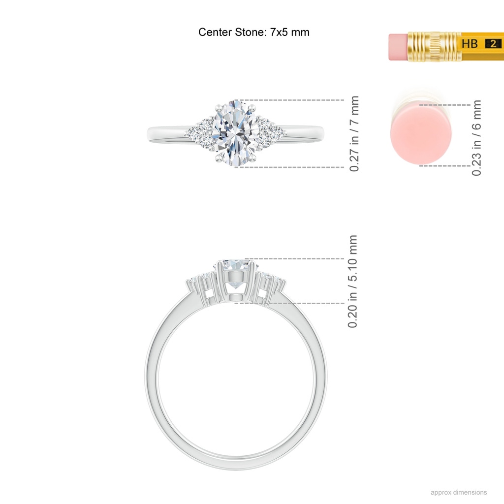 7x5mm FGVS Lab-Grown Solitaire Oval Diamond Ring with Trio Diamond Accents in White Gold ruler
