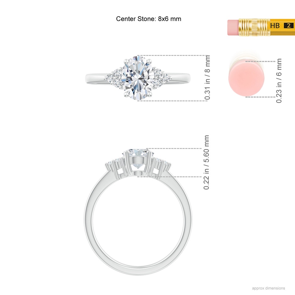 8x6mm FGVS Lab-Grown Solitaire Oval Diamond Ring with Trio Diamond Accents in White Gold ruler