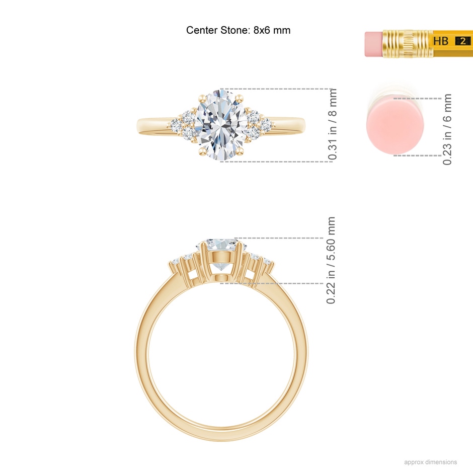 8x6mm FGVS Lab-Grown Solitaire Oval Diamond Ring with Trio Diamond Accents in Yellow Gold ruler