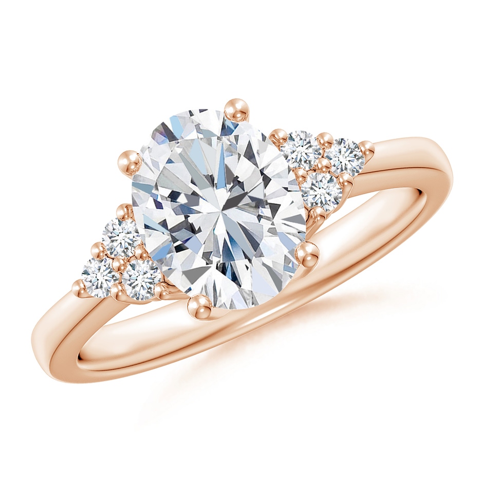 9x7mm FGVS Lab-Grown Solitaire Oval Diamond Ring with Trio Diamond Accents in Rose Gold 