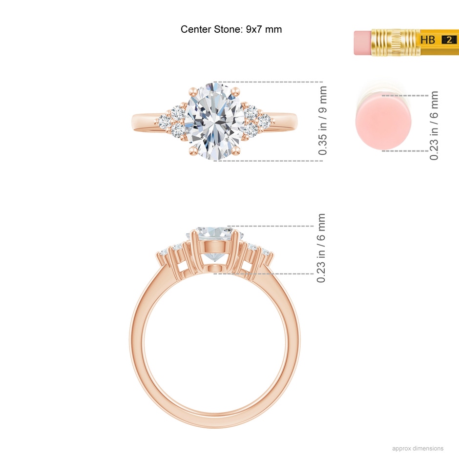 9x7mm FGVS Lab-Grown Solitaire Oval Diamond Ring with Trio Diamond Accents in Rose Gold ruler