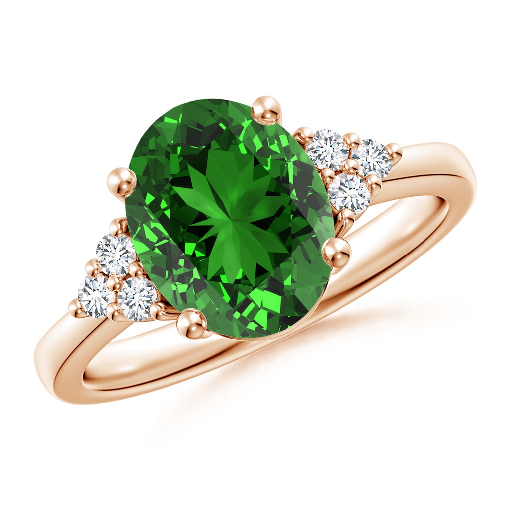 10x8mm Labgrown Lab-Grown Solitaire Oval Emerald Ring with Trio Diamond Accents in Rose Gold