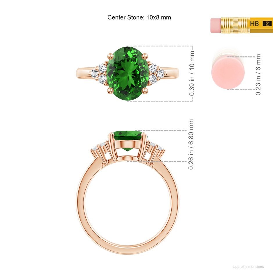 10x8mm Labgrown Lab-Grown Solitaire Oval Emerald Ring with Trio Diamond Accents in Rose Gold ruler
