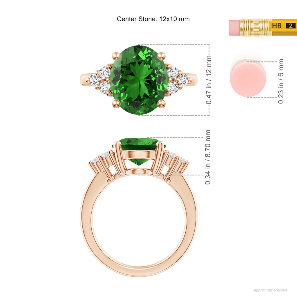 12x10mm Labgrown Lab-Grown Solitaire Oval Emerald Ring with Trio Diamond Accents in Rose Gold ruler
