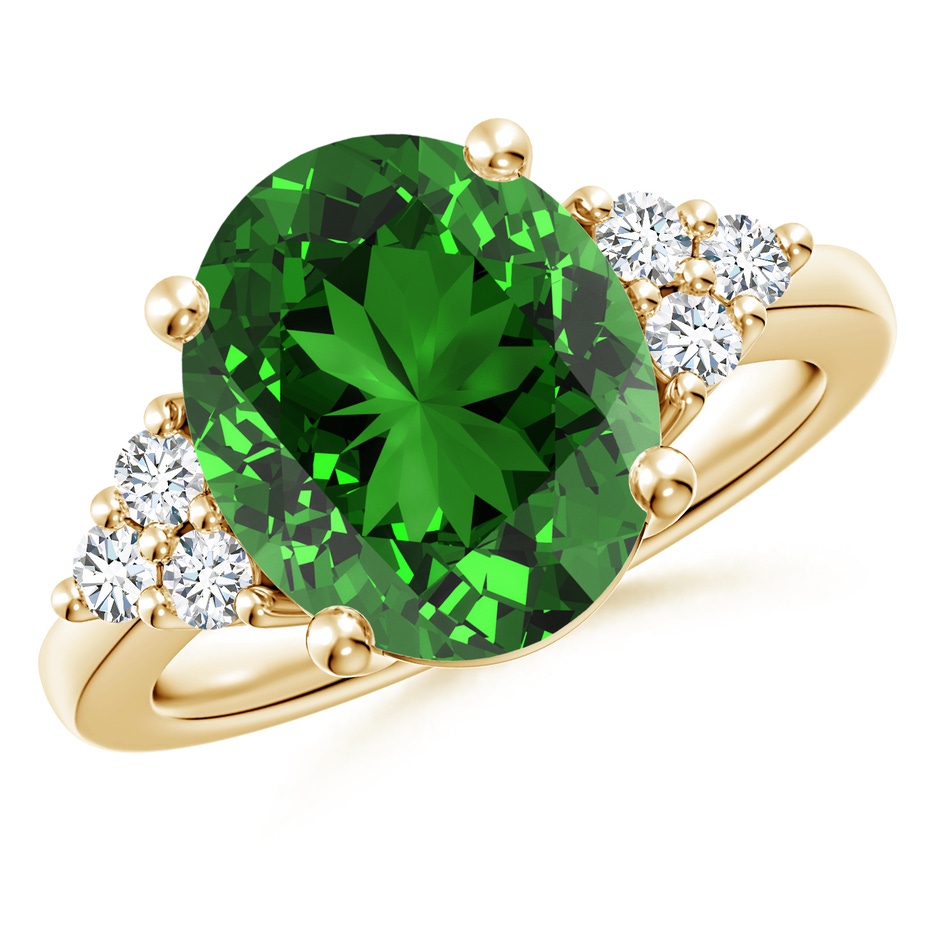 12x10mm Labgrown Lab-Grown Solitaire Oval Emerald Ring with Trio Diamond Accents in Yellow Gold 
