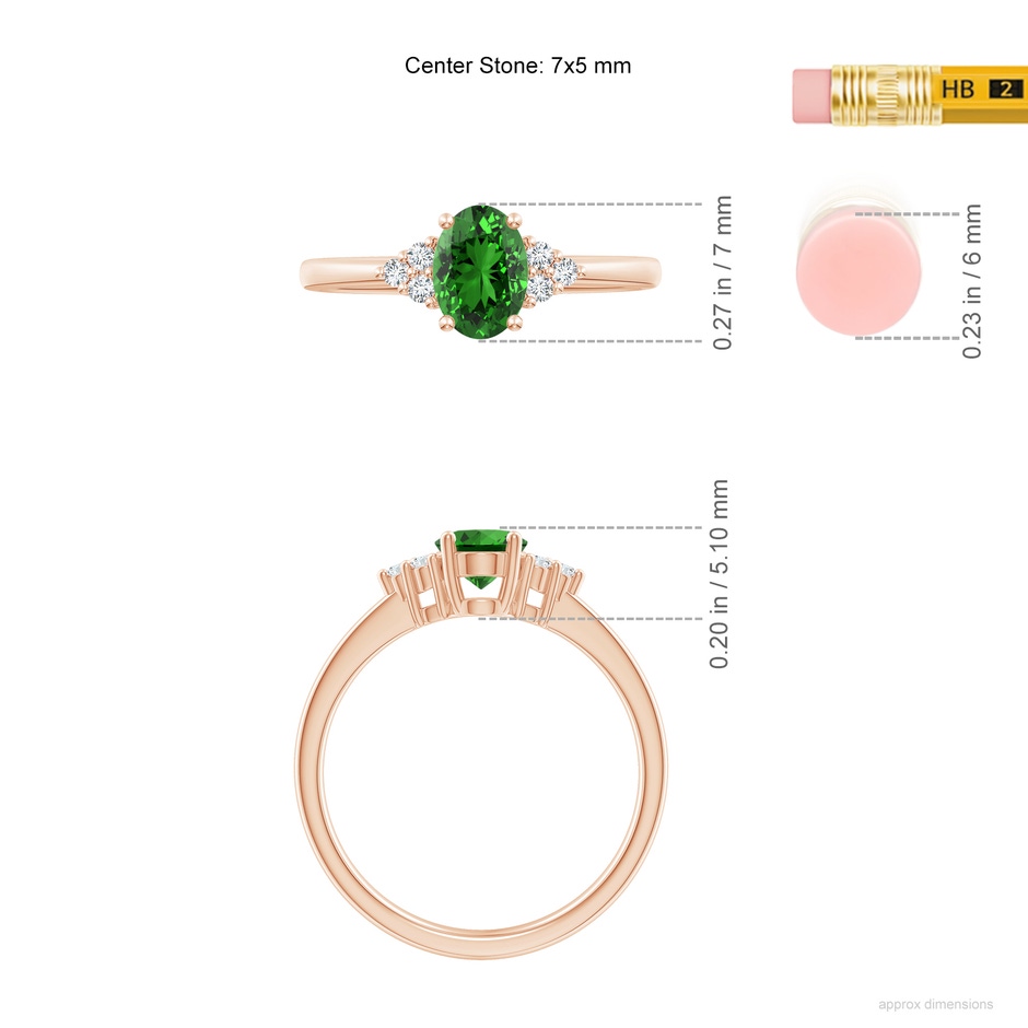 7x5mm Labgrown Lab-Grown Solitaire Oval Emerald Ring with Trio Diamond Accents in Rose Gold ruler
