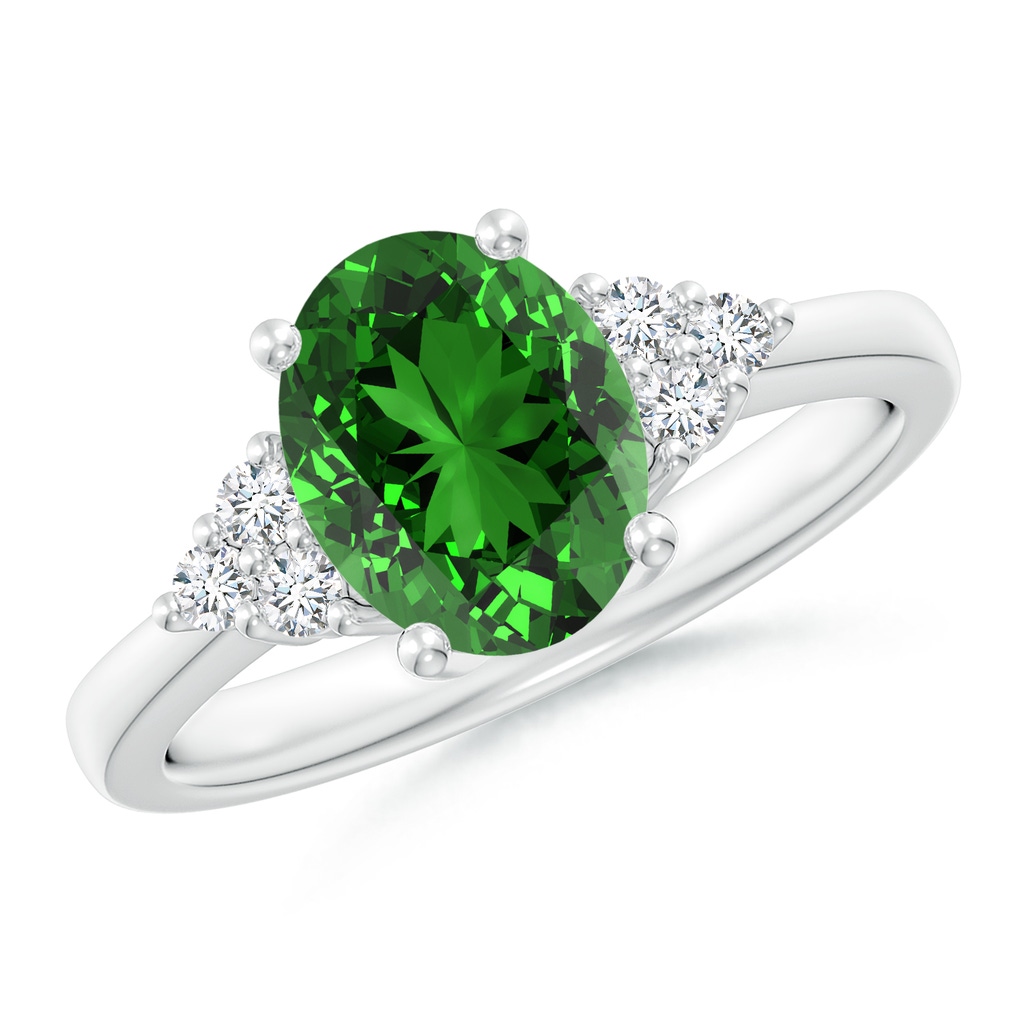 9x7mm Labgrown Lab-Grown Solitaire Oval Emerald Ring with Trio Diamond Accents in White Gold