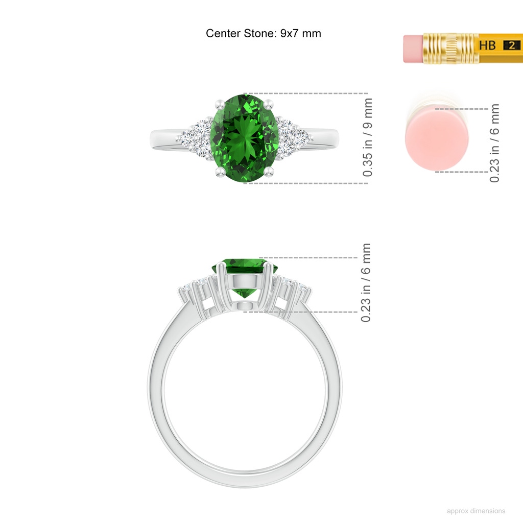 9x7mm Labgrown Lab-Grown Solitaire Oval Emerald Ring with Trio Diamond Accents in White Gold ruler