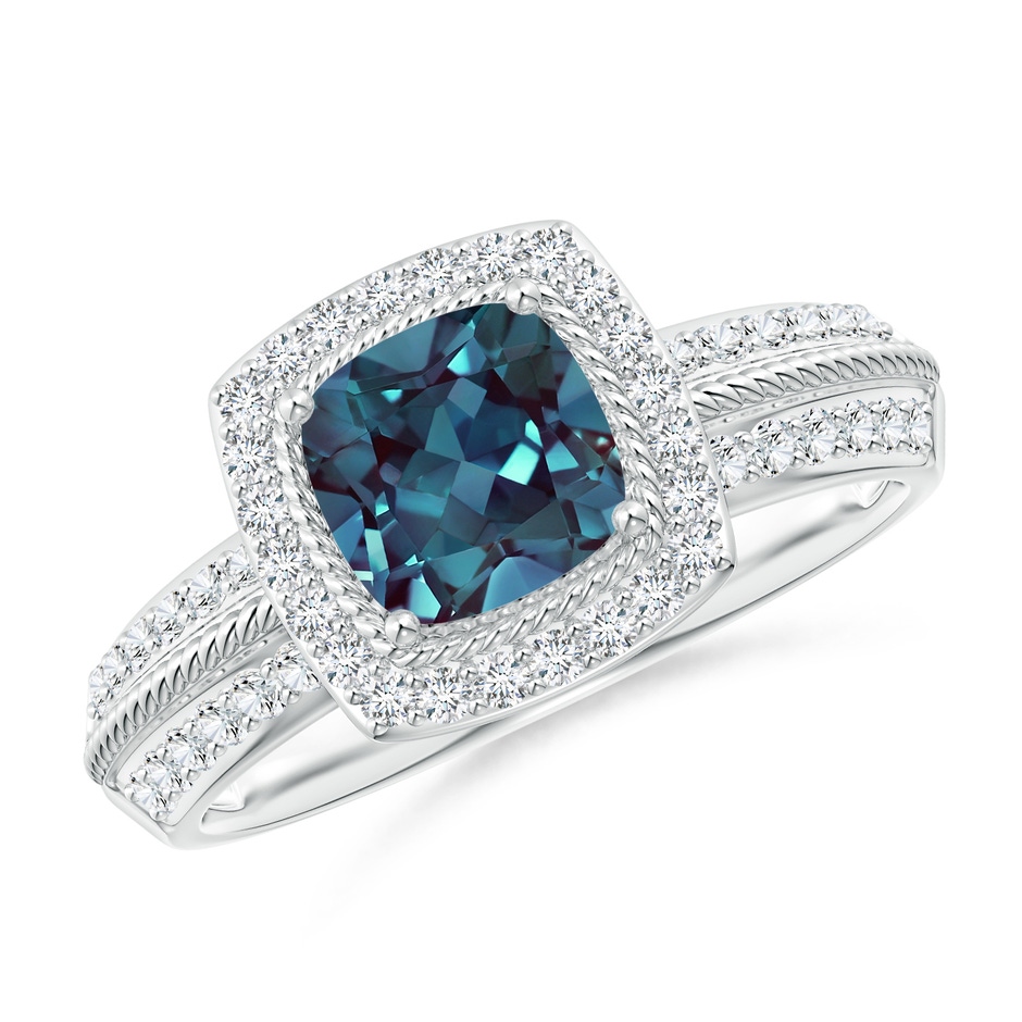 6mm Labgrown Twisted Rope Cushion Lab-Grown Alexandrite Halo Ring in P950 Platinum 