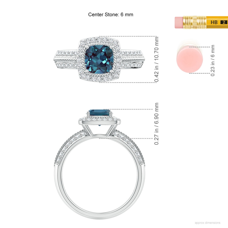 6mm Labgrown Twisted Rope Cushion Lab-Grown Alexandrite Halo Ring in P950 Platinum ruler