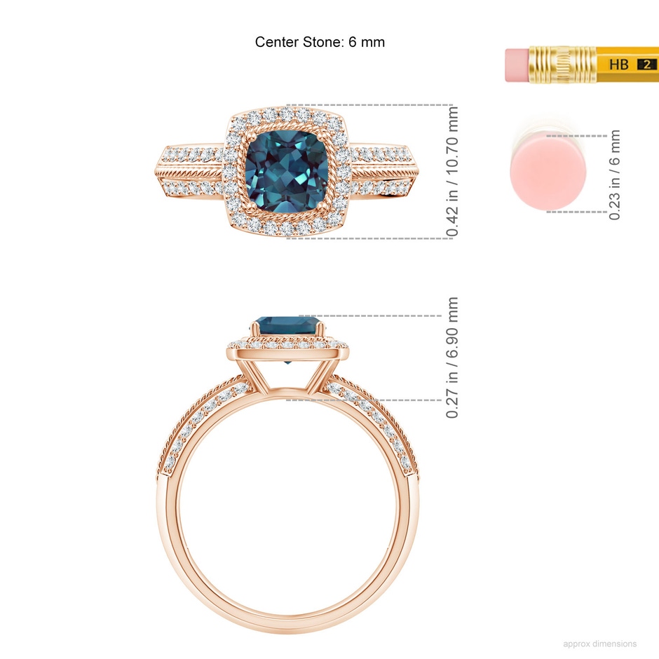 6mm Labgrown Twisted Rope Cushion Lab-Grown Alexandrite Halo Ring in Rose Gold ruler