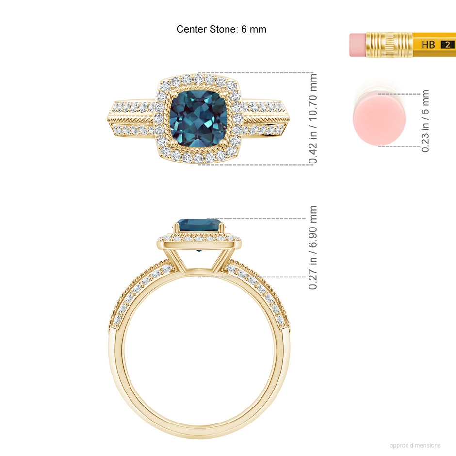 6mm Labgrown Twisted Rope Cushion Lab-Grown Alexandrite Halo Ring in Yellow Gold ruler