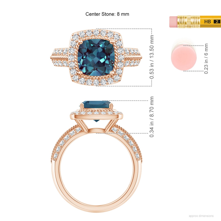 8mm Labgrown Twisted Rope Cushion Lab-Grown Alexandrite Halo Ring in Rose Gold ruler