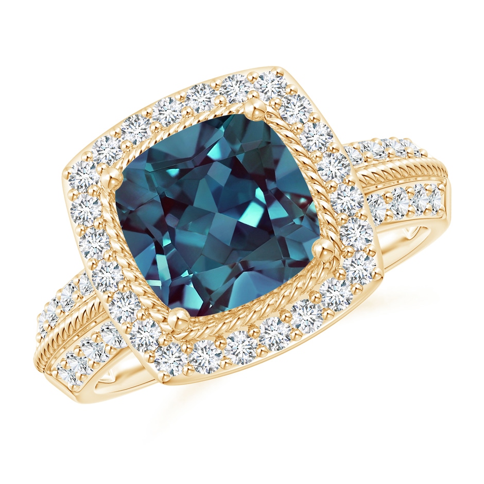 8mm Labgrown Twisted Rope Cushion Lab-Grown Alexandrite Halo Ring in Yellow Gold 