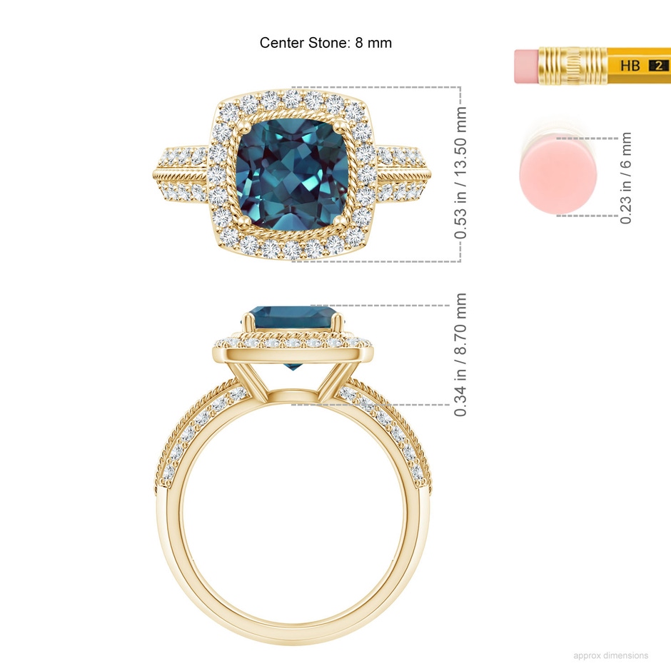 8mm Labgrown Twisted Rope Cushion Lab-Grown Alexandrite Halo Ring in Yellow Gold ruler