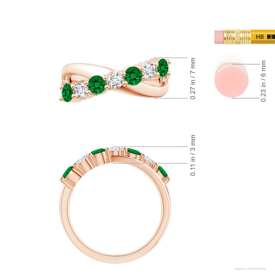 3.5mm Labgrown Lab-Grown Round Emerald and Diamond Crossover Ring in 18K Rose Gold ruler