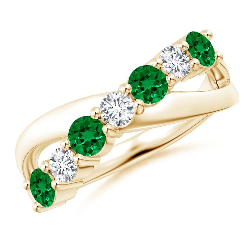 3.5mm Labgrown Lab-Grown Round Emerald and Diamond Crossover Ring in 18K Yellow Gold 