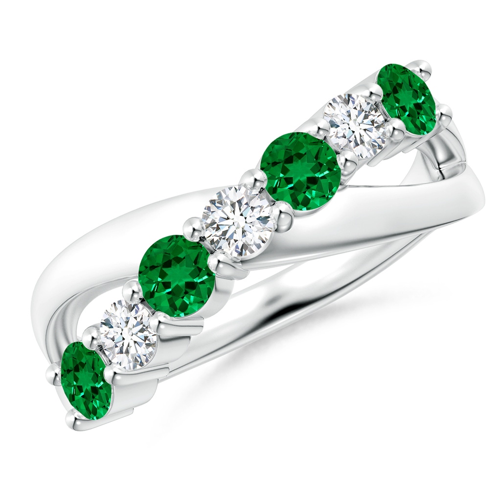 3.5mm Labgrown Lab-Grown Round Emerald and Diamond Crossover Ring in White Gold