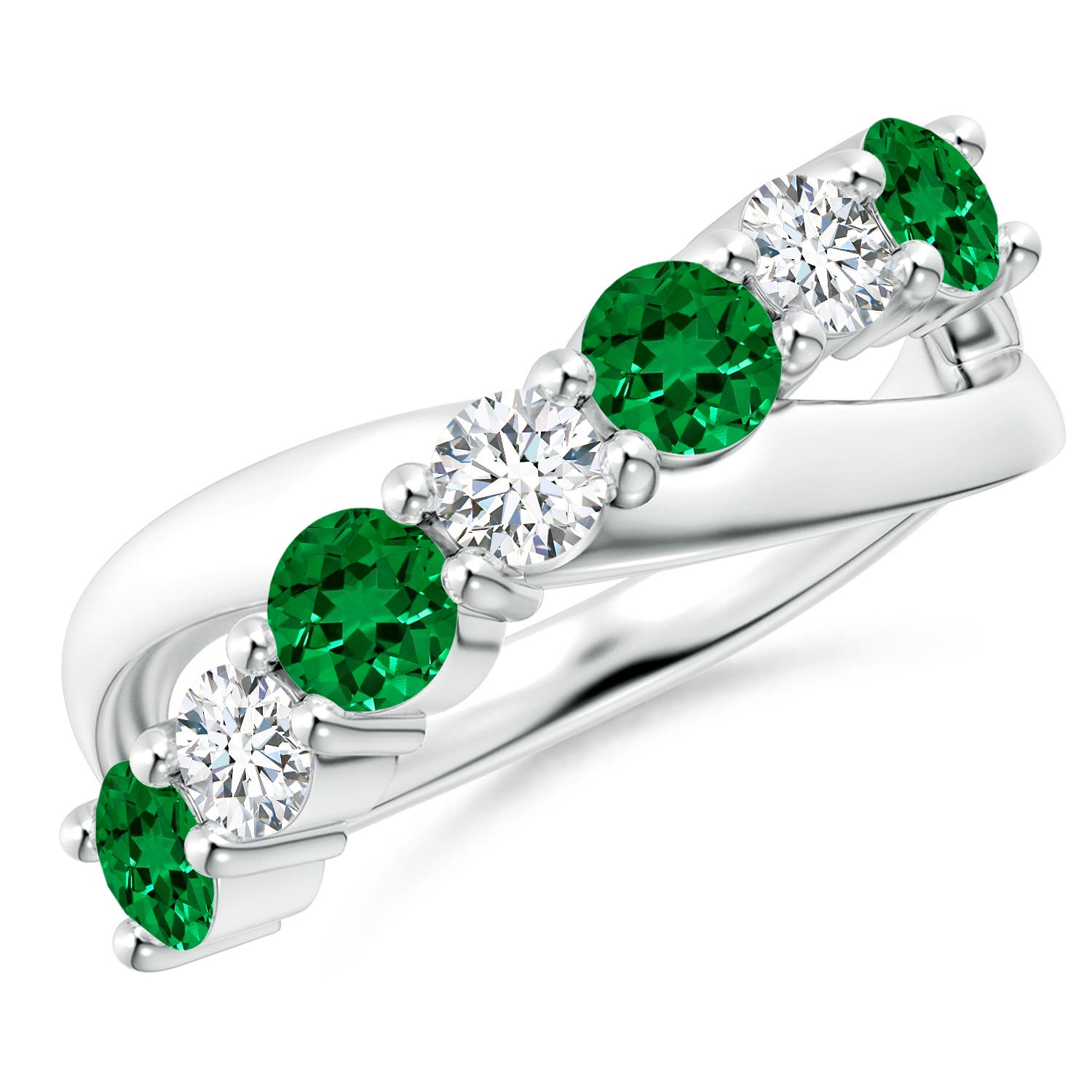 4mm Labgrown Lab-Grown Round Emerald and Diamond Crossover Ring in 18CT White Gold