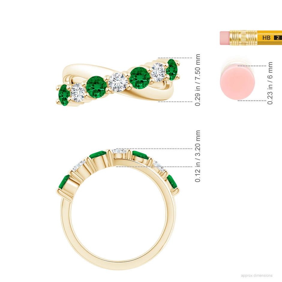 4mm Labgrown Lab-Grown Round Emerald and Diamond Crossover Ring in Yellow Gold ruler