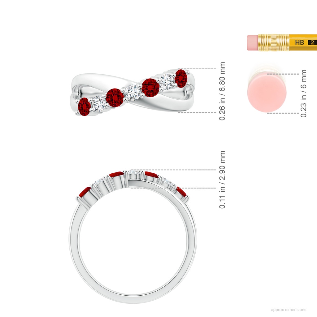 3mm Labgrown Lab-Grown Round Ruby and Diamond Crossover Ring in White Gold ruler