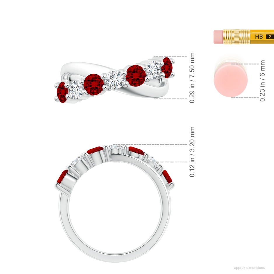 4mm Labgrown Lab-Grown Round Ruby and Diamond Crossover Ring in P950 Platinum ruler